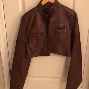 Brown crop Leather Moto jacket